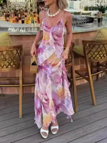 Flower Printed Ruffled Sleeveless Spaghetti-Neck Wrap Maxi Dresses