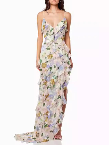 Flower Printed Ruffled Sleeveless Spaghetti-Neck Wrap Evening Maxi Dresses