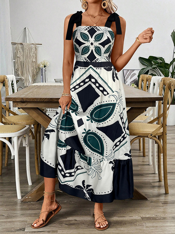Elasticity Flower Print Pleated Tied A-Line Loose Spaghetti-Neck Maxi Dress