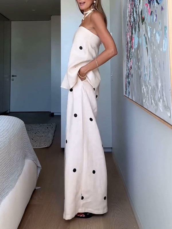 Tube Tops & Wide-Leg Pants Polka Dot Two-Piece Sets