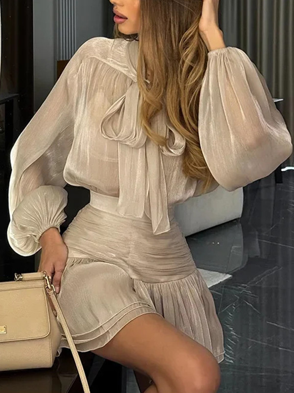 Bow Tie Long Sleeves Shirt & Pleated Mini Skirt Two-Piece Set