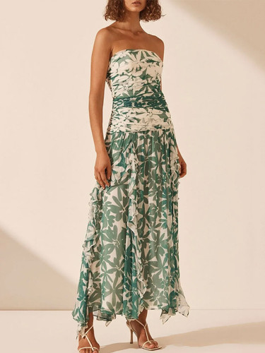 Flower Printed Ruffled Pleated Sleeveless Tube Maxi Dresses