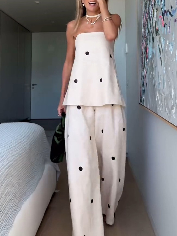 Tube Tops & Wide-Leg Pants Polka Dot Two-Piece Sets