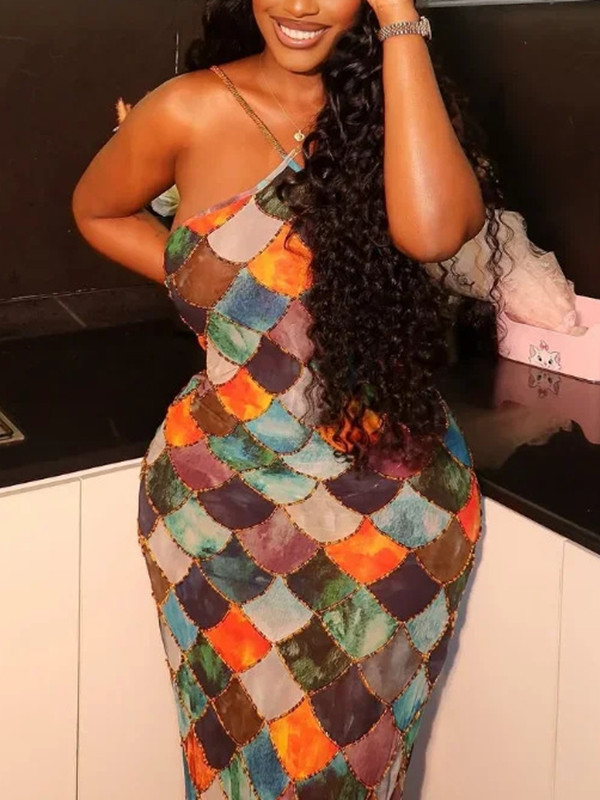 Fish Scale Print Sleevless Spaghetti-Neck Elegant Wrap Maxi Dresses