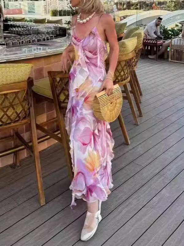 Flower Printed Ruffled Sleeveless Spaghetti-Neck Wrap Maxi Dresses