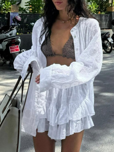 Solid Color Floral Hollow Long Sleeves Shirt & Short Two-Piece Sets
