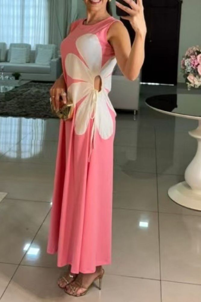 Solid Color Round Neck Floral Maxi Dress