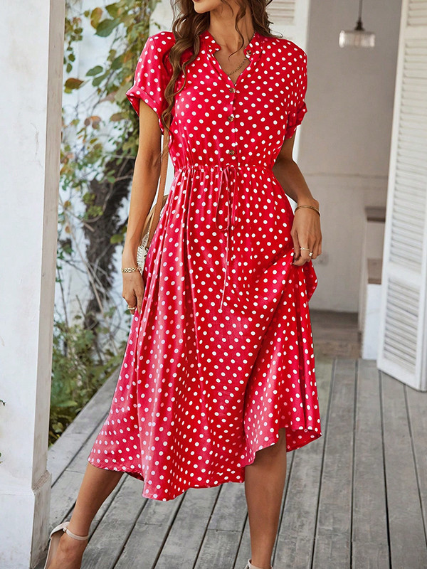 Buttoned Drawstring Polka-Dot A-Line High Waisted V-Neck Midi Dresses