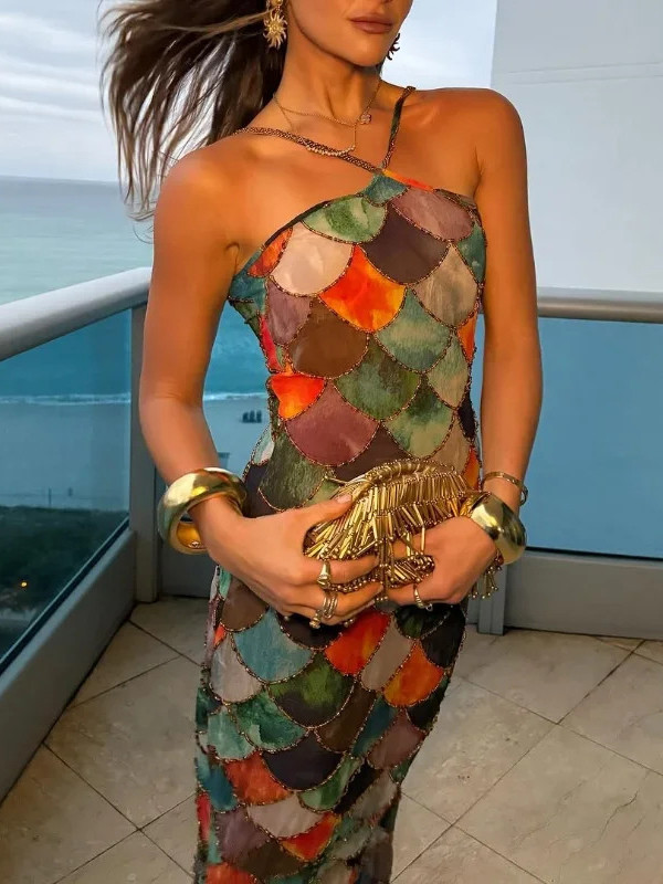 Fish Scale Print Sleevless Spaghetti-Neck Elegant Wrap Maxi Dresses