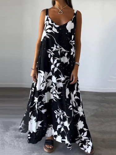 Floral Printed Split-Joint Loose Plus Size Spaghetti-Neck Maxi Dresses