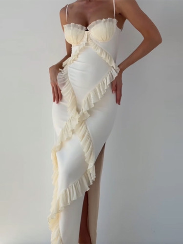 3D Flower Sleevless Spaghetti-Neck Elegant Wrap Maxi Dresses