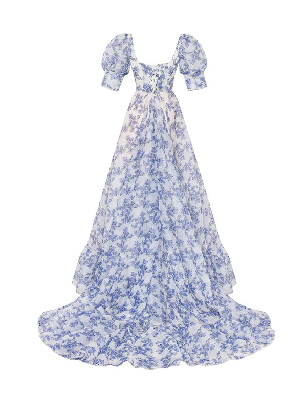 Flower Printed Puffled Short Sleeves Split-Side One-Shoulder Evening Gauze Maxi Dresses