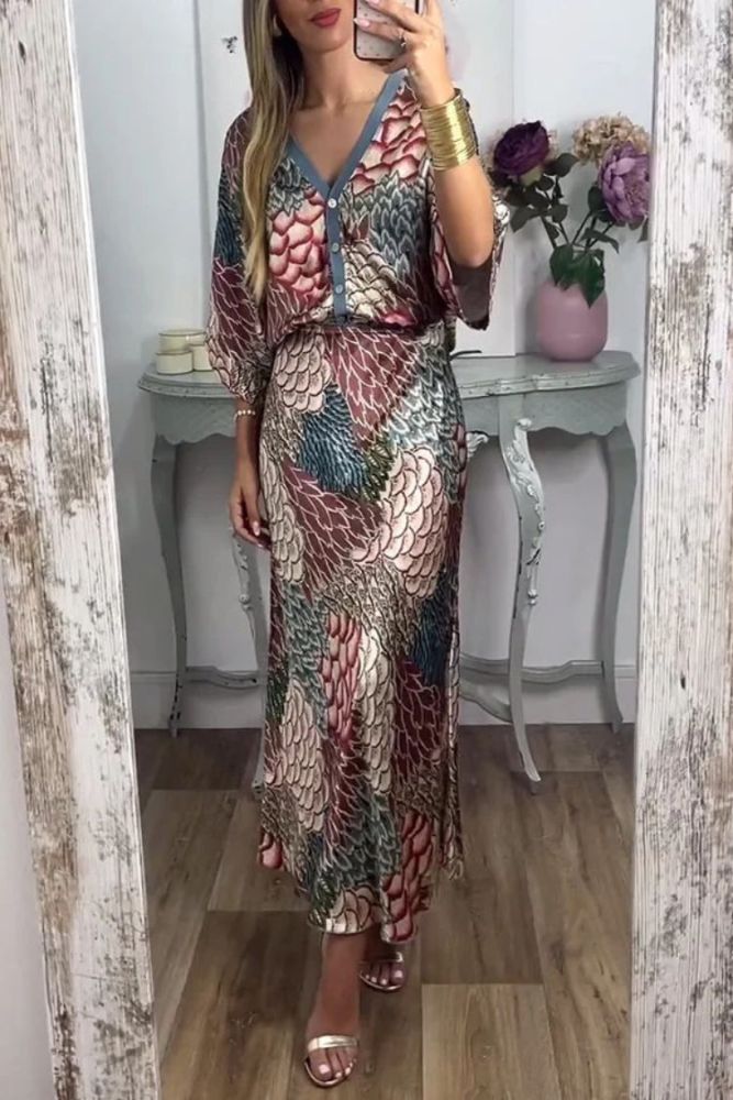 Harlen Satin Unique Printed Loose Shirt Top and Elastic Waist Maxi Skirt Set