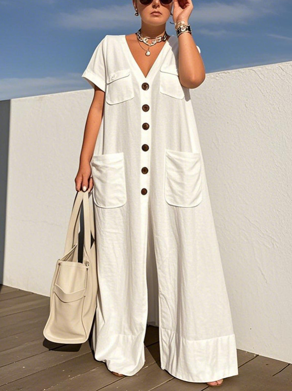 Buttoned Pockets Solid Color Loose Short Sleeves V-neck Jumpsuits