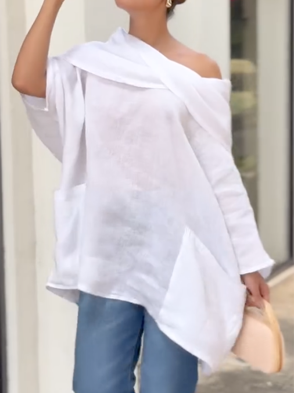 Asymmetric Pockets See-Through Solid Color Long Sleeves Loose Blouses&shirts Tops