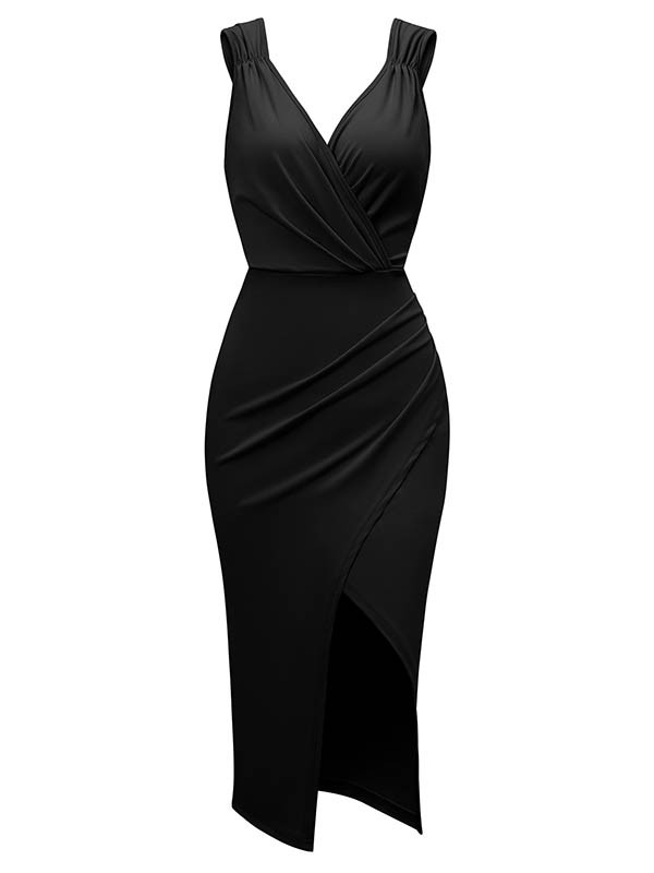 Pleated Solid Color Split-front Zipper Bodycon Sleeveless V-neck Midi Dresses