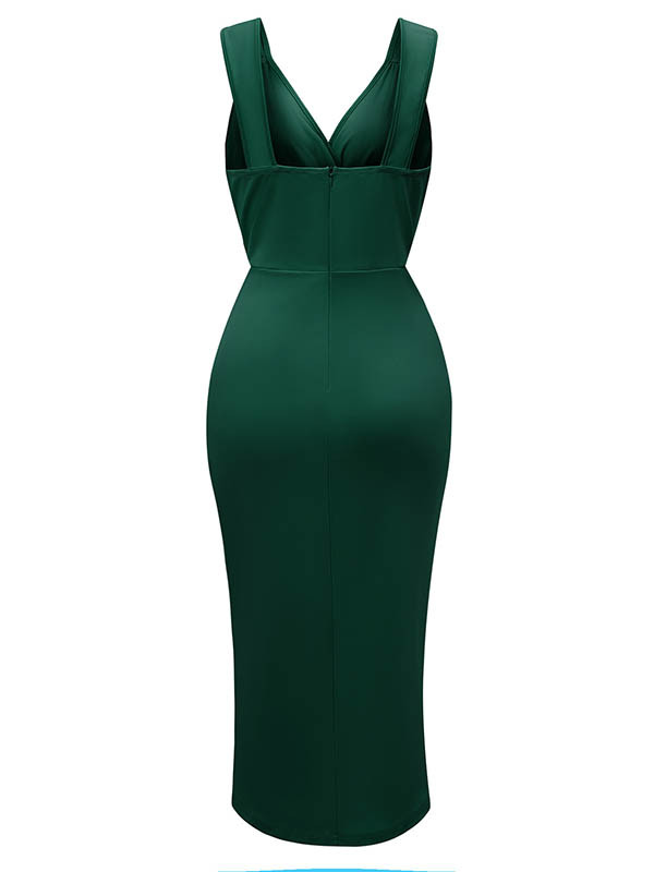 Pleated Solid Color Split-front Zipper Bodycon Sleeveless V-neck Midi Dresses