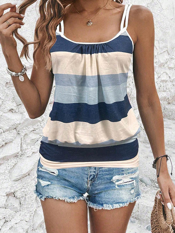 Contrast Color Pleated Loose Sleeveless Spaghetti-Neck Vest Top