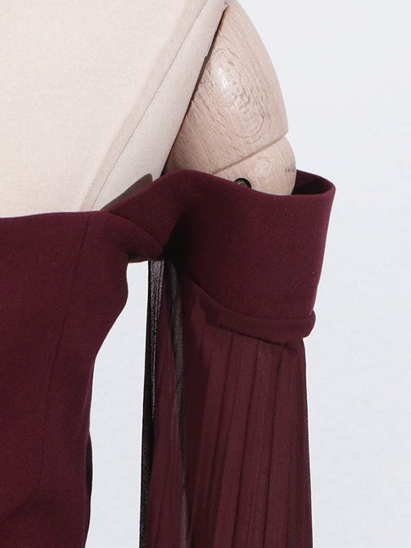 Off-The-Shoulder Flared Sleeves Solid Color Split-Joint Zipper Blouses&Shirts Tops + Pleated A-Line Skirts Bottom Two Pieces Set