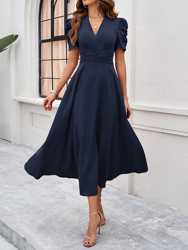 Pleated Solid Color Zipper A-Line High Waisted V-Neck Maxi Dresses
