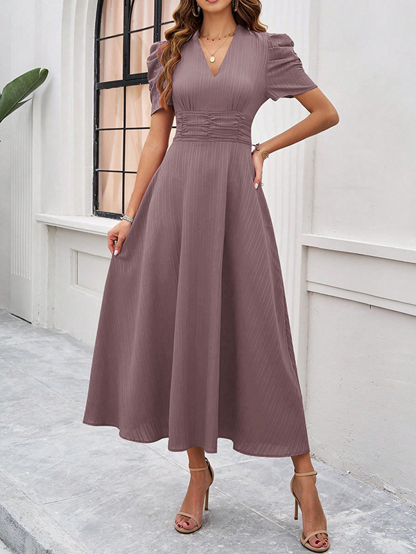 Pleated Solid Color Zipper A-Line High Waisted V-Neck Maxi Dresses