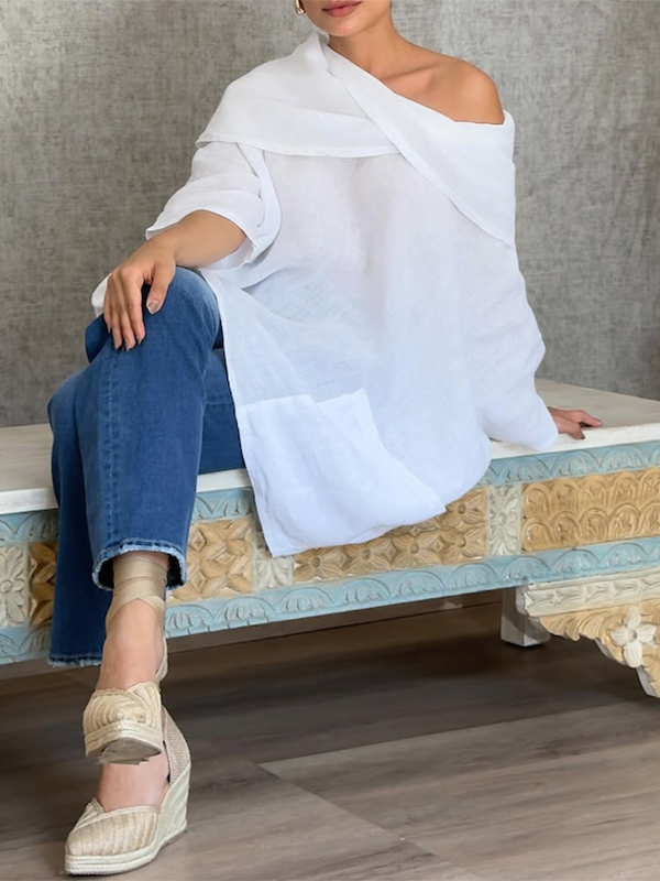 Asymmetric Pockets See-Through Solid Color Long Sleeves Loose Blouses&shirts Tops