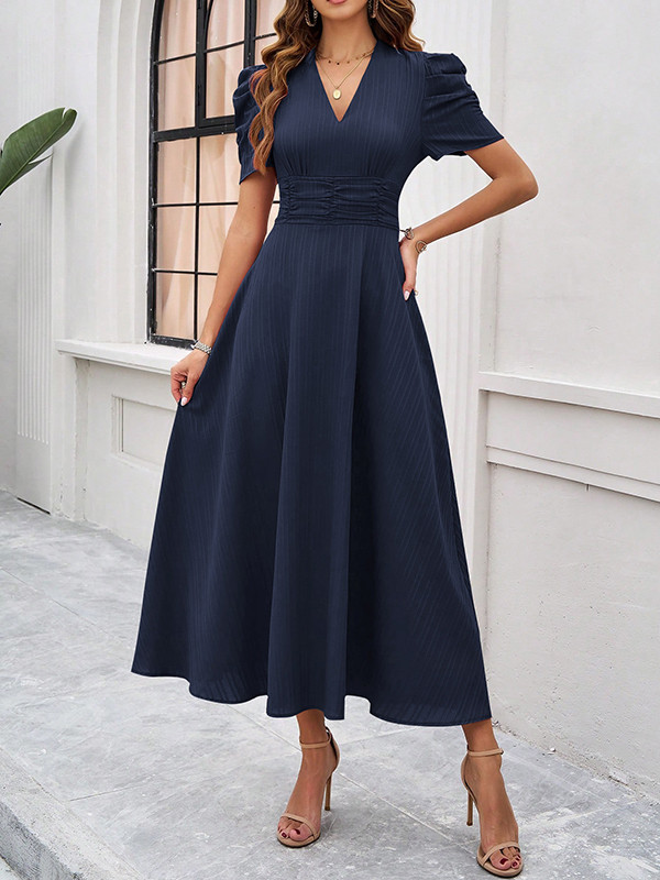 Pleated Solid Color Zipper A-Line High Waisted V-Neck Maxi Dresses