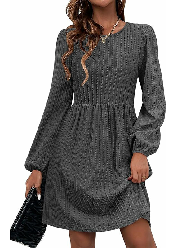 Jacquard Solid Color A-Line Long Sleeves Round-Neck Mini Dresses