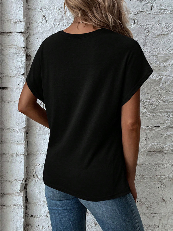 Asymmetric Pleated Solid Color Split-Joint Batwing Sleeves Loose Round-neck T-shirts