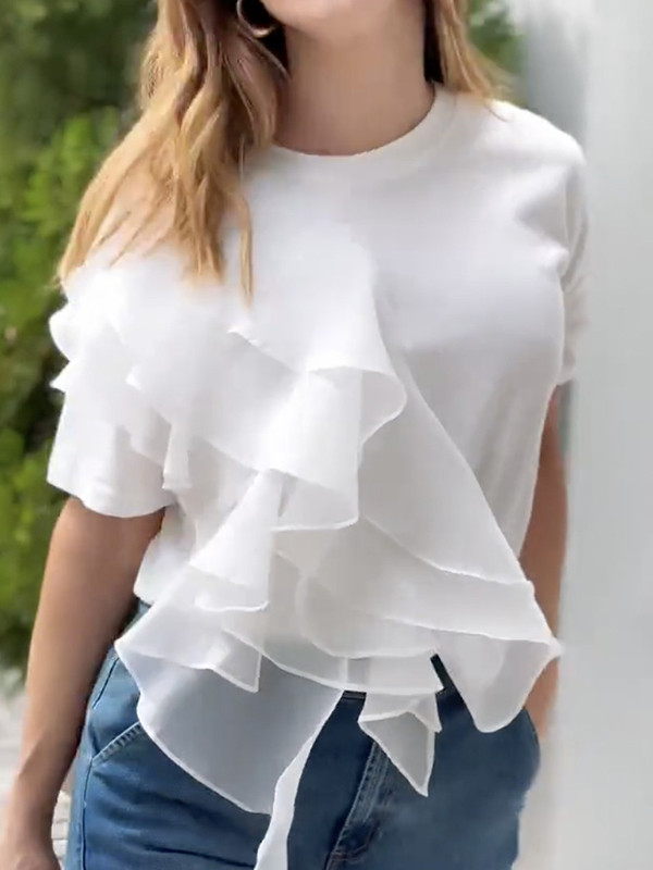 Pleated Split-Joint Tiered Loose Short Sleeves Round-Neck T-Shirts