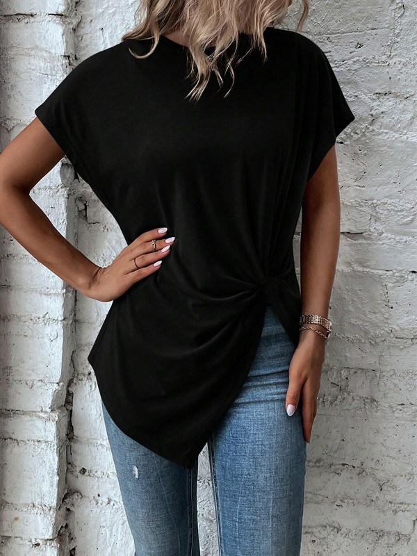 Asymmetric Pleated Solid Color Split-Joint Batwing Sleeves Loose Round-neck T-shirts