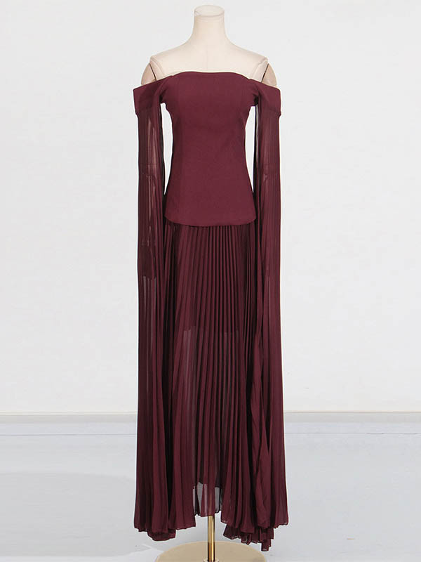 Off-The-Shoulder Flared Sleeves Solid Color Split-Joint Zipper Blouses&Shirts Tops + Pleated A-Line Skirts Bottom Two Pieces Set