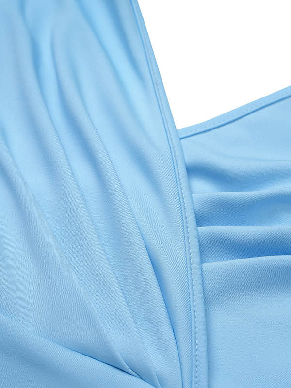 Pleated Solid Color Split-front Zipper Bodycon Sleeveless V-neck Midi Dresses