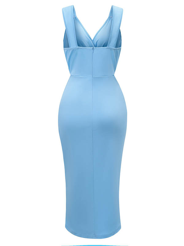 Pleated Solid Color Split-front Zipper Bodycon Sleeveless V-neck Midi Dresses