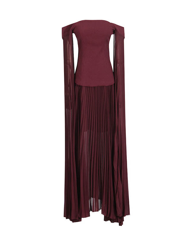 Off-The-Shoulder Flared Sleeves Solid Color Split-Joint Zipper Blouses&Shirts Tops + Pleated A-Line Skirts Bottom Two Pieces Set