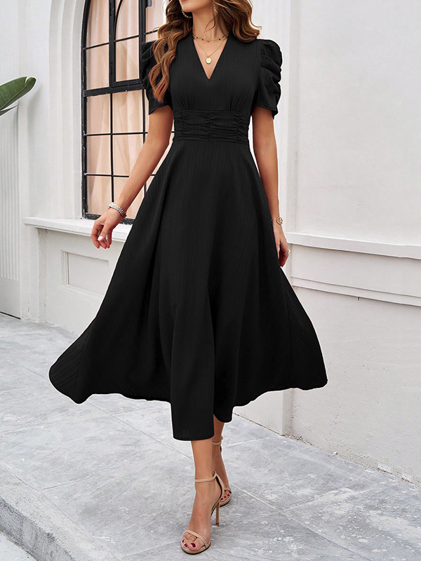 Pleated Solid Color Zipper A-Line High Waisted V-Neck Maxi Dresses