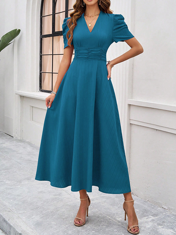 Pleated Solid Color Zipper A-Line High Waisted V-Neck Maxi Dresses