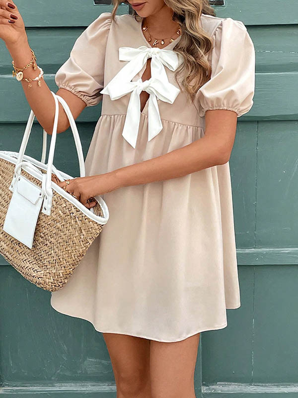 Bowknot Elasticity Pleated A-Line Loose Round-Neck Mini Dresses