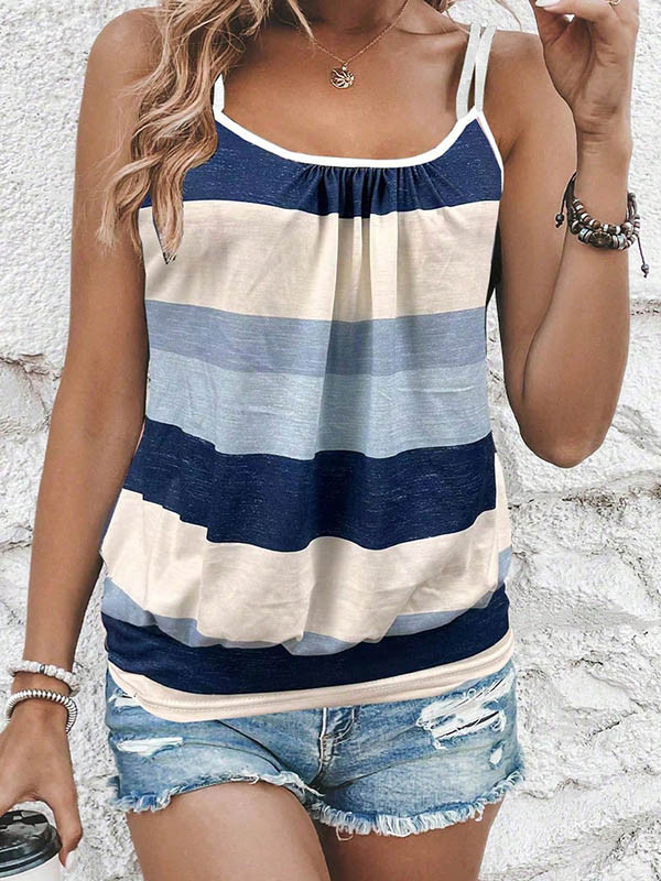 Contrast Color Pleated Loose Sleeveless Spaghetti-Neck Vest Top