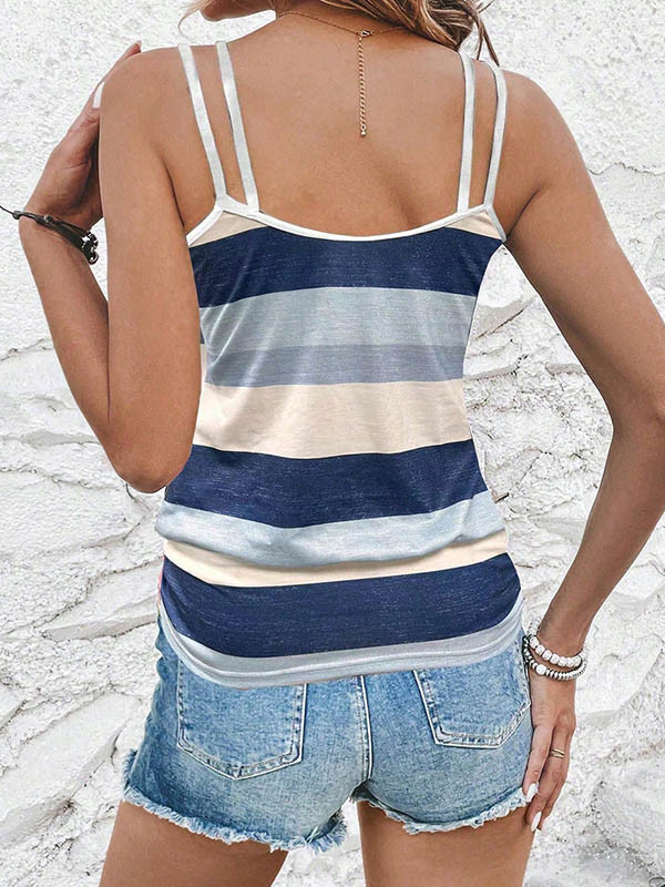 Contrast Color Pleated Loose Sleeveless Spaghetti-Neck Vest Top