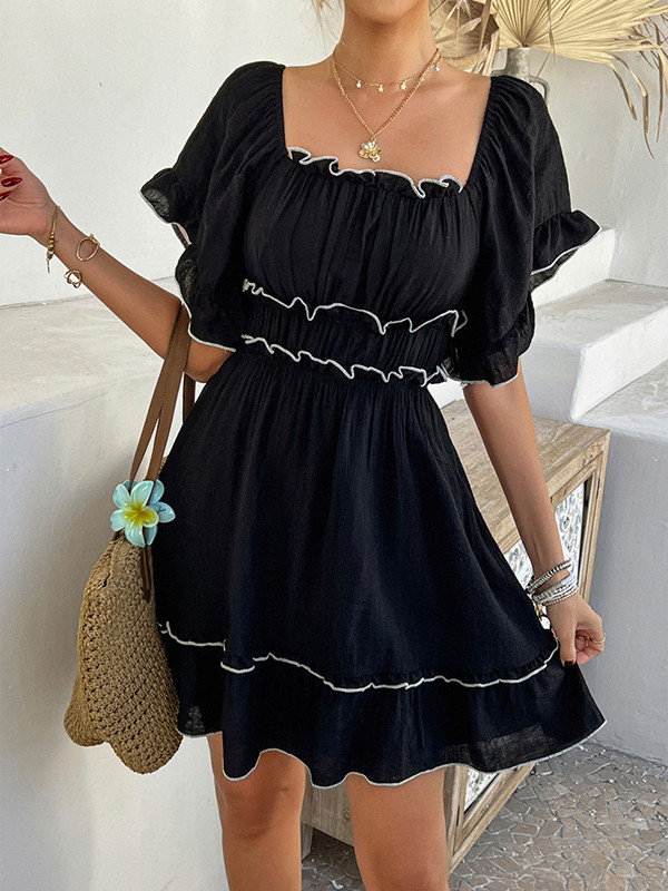 Elasticity Pleated Ruffle Trim Solid Color A-line High Waisted Square-neck Mini Dresses