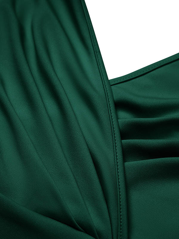 Pleated Solid Color Split-front Zipper Bodycon Sleeveless V-neck Midi Dresses