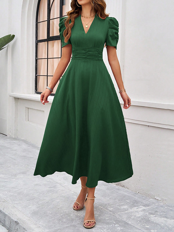 Pleated Solid Color Zipper A-Line High Waisted V-Neck Maxi Dresses