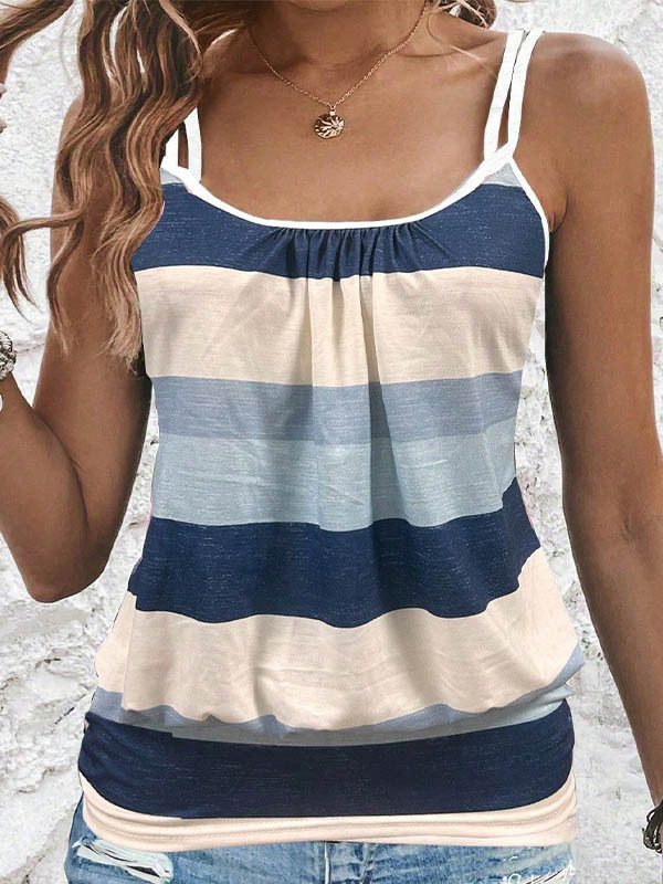 Contrast Color Pleated Loose Sleeveless Spaghetti-Neck Vest Top