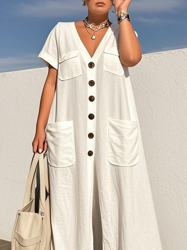 Buttoned Pockets Solid Color Loose Short Sleeves V-neck Jumpsuits