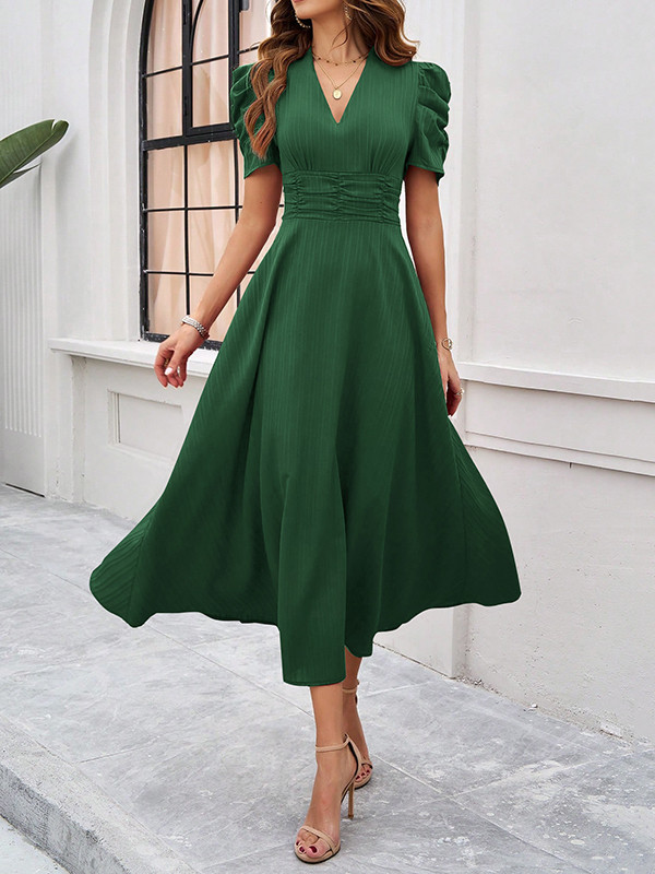 Pleated Solid Color Zipper A-Line High Waisted V-Neck Maxi Dresses