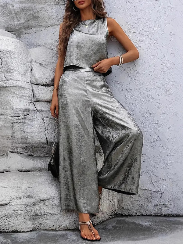 Hollow Shiny Split-Joint Loose Sleeveless Round-neck Two Pieces Set