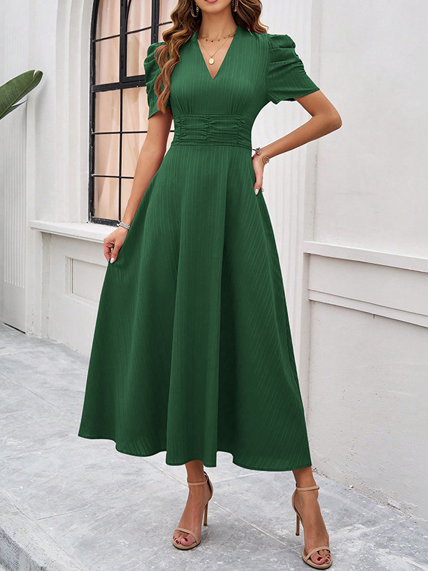 Pleated Solid Color Zipper A-Line High Waisted V-Neck Maxi Dresses