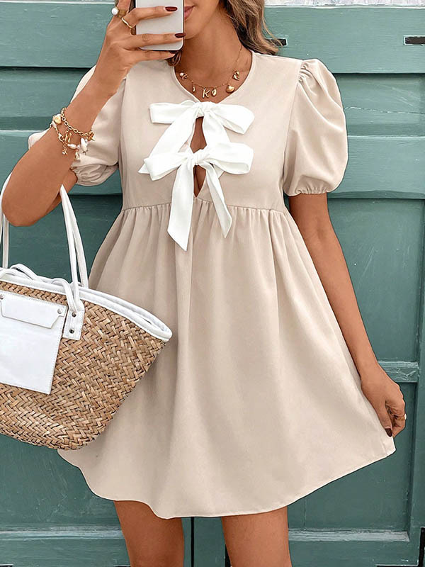 Bowknot Elasticity Pleated A-Line Loose Round-Neck Mini Dresses