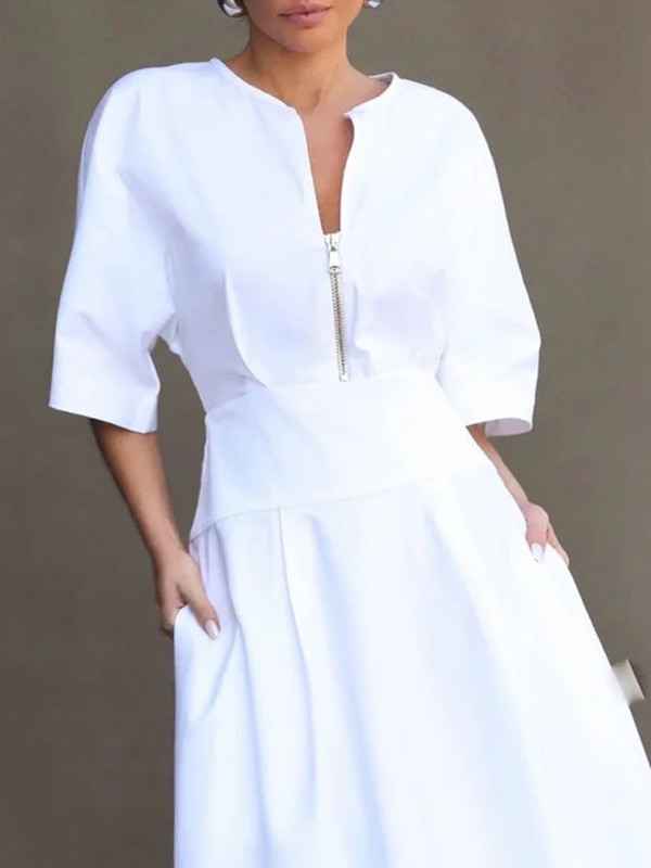 Solid Color Zipper Half Sleeves Loose Round-Neck Maxi Dresses